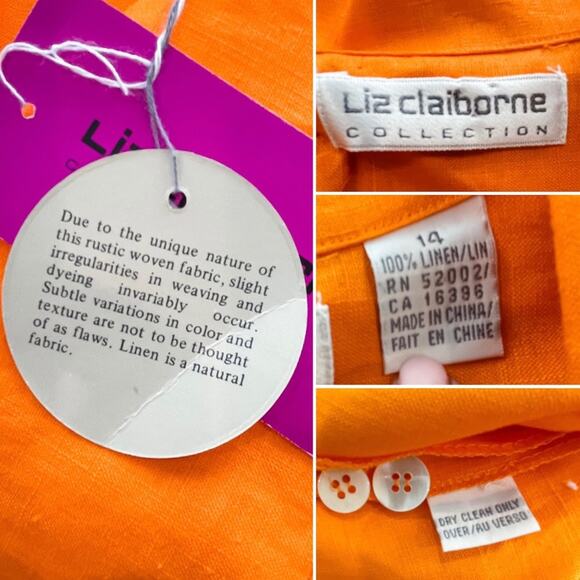 Vintage 90s Liz Claiborne 100% linen orange button-down safari blouse size XL - Picture 8 of 9
